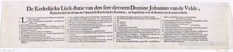 Broadsheet on the Funeral of Dominie Johannes van de Velde