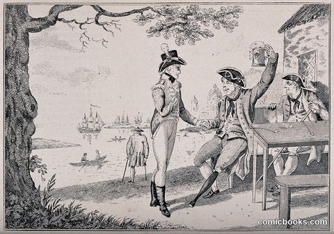 Two Naval Veterans Toasting Outside a Seaside Inn