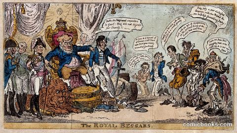 John Bull on a throne receiving emaciated and tattered supplicants for charity, including Napoleon. Coloured etching by G. Cruikshank, 1814.