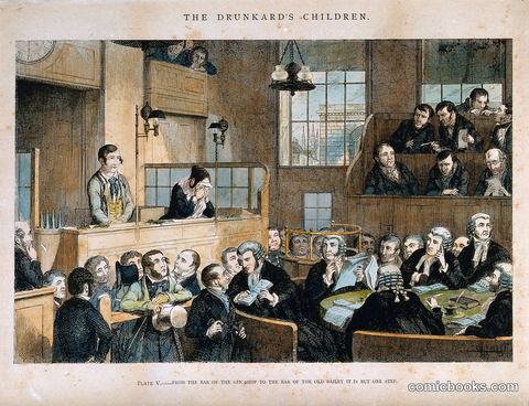 The Drunkard's Children, Plate V: From the Bar of the Gin-Shop to the Bar of the Old Bailey